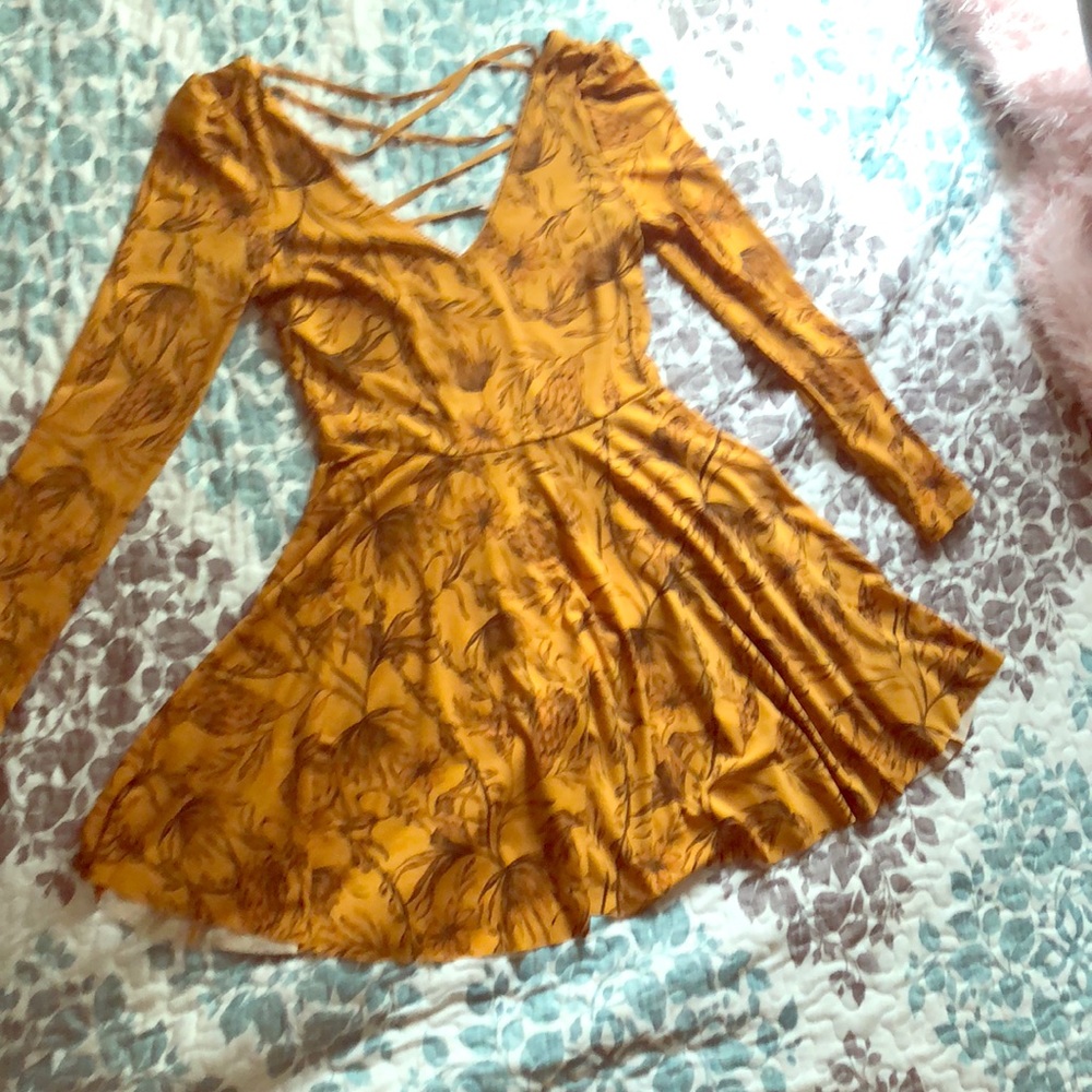 Mustard yellow dress.